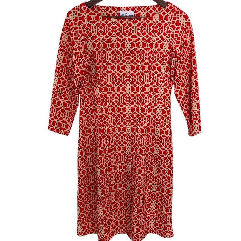Jude Connally Sabine Shift Dress Small S Paprika Red Garden Gate Print Boat Neck